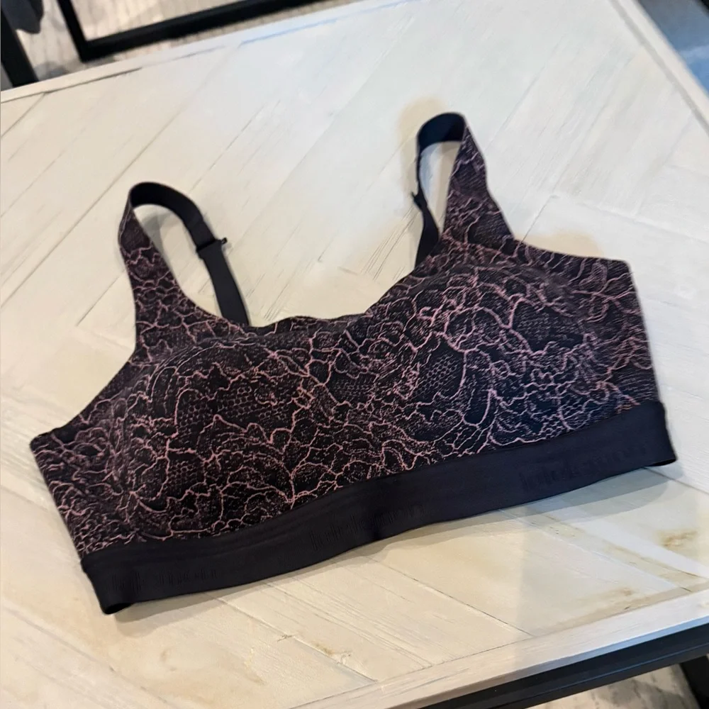 Lululemon Athletica Black and Pink Lace Print Sports Bra, Size 34D